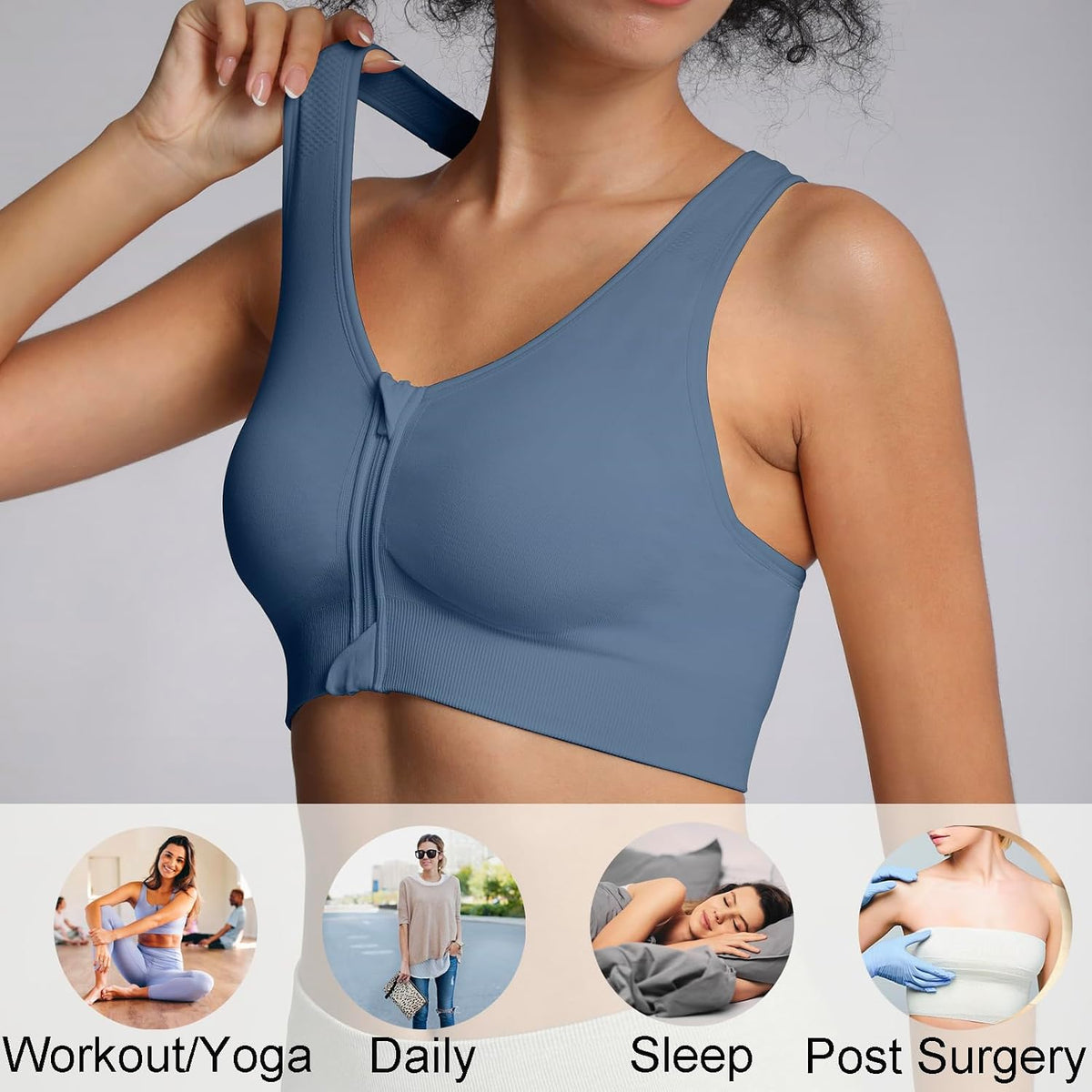 Lemef Front Zipper Sports Bras High Impack Post Op Compression Bras for Women Post Surgery Wireless Racerback Yoga Bra