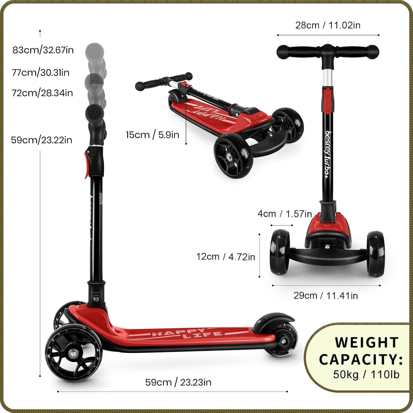 besrey 3-Wheel Toddler Scooter with Lean-to-Steer β Foldable, Anti-Slip Deck | Max 50 kg