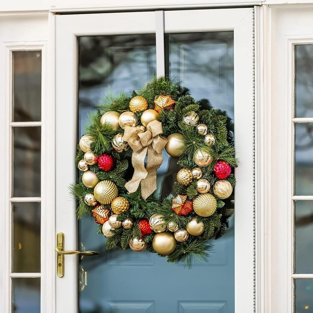 Jsdoin Christmas Wreath Door Hanger, 12.5 Inches Metal Front Door Wreath Hook for Christmas Home Office Wall Wedding Wreaths or Decorations (White, 1 Pack)