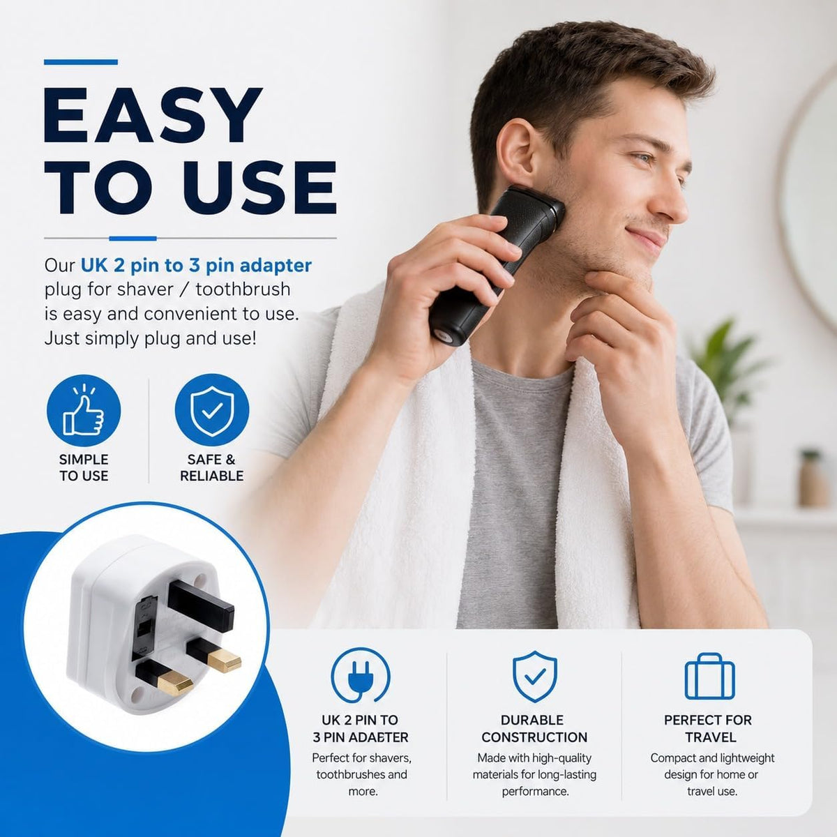 MOBIBAY (Pack of 1) Toothbrush Adaptor Plug UK Charger Shaver Socket 2 Pin to 3 Pin Electric Converter Bathroom Two to Three Prong Charging Tooth Brush Razor Plugs Electrical Shaving (White)