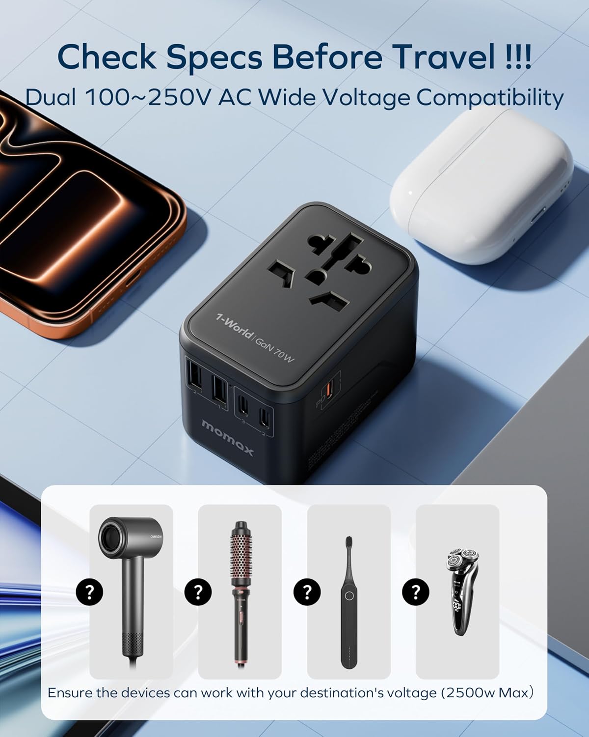 MOMAX Universal Travel Adapter 70W GaN Travel Plug Adapter for UK/EU/AU/US