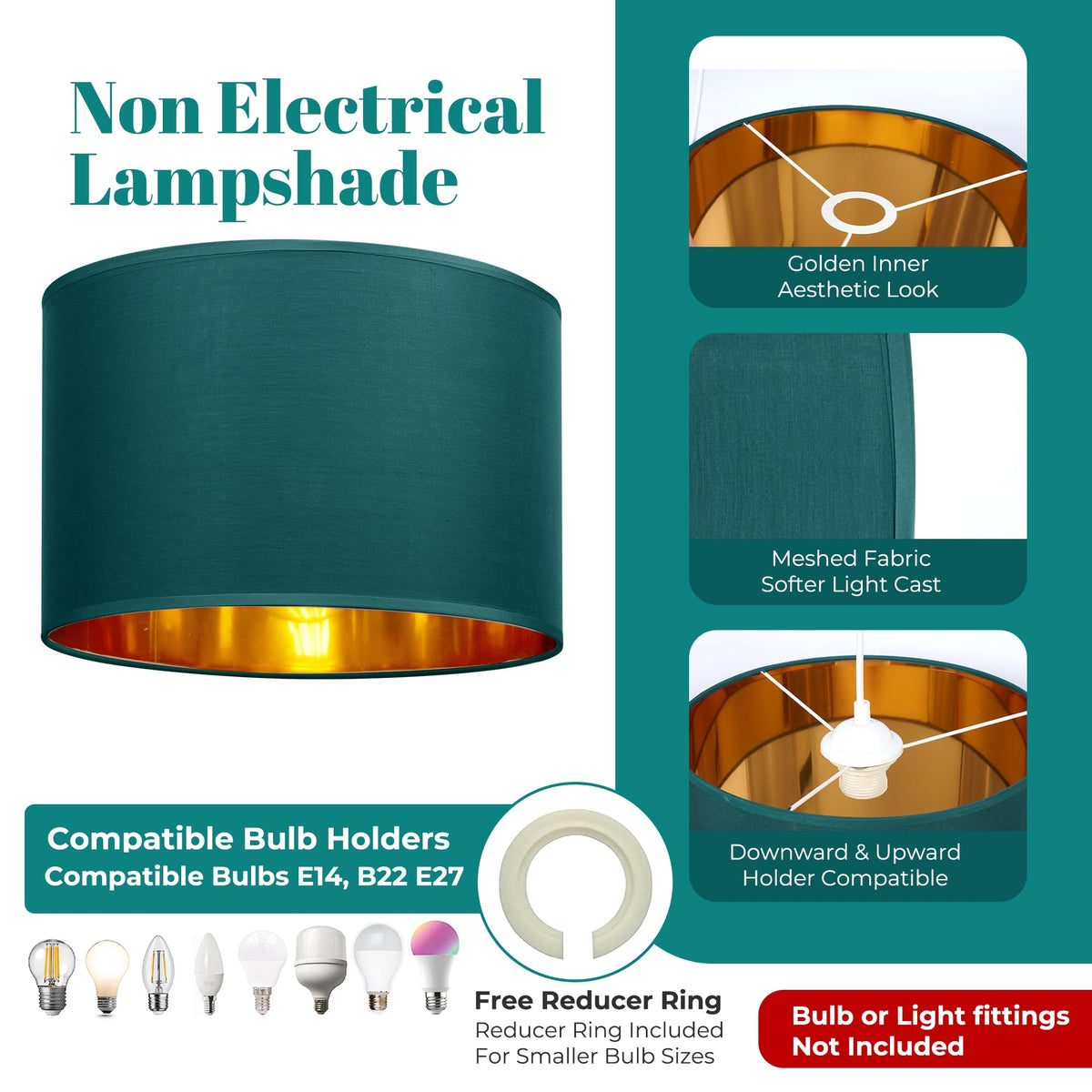 GIGGI Fabric Lamp Shades with Golden Inner Light Shade Ceiling – Modern Lampshades for Ceiling Lights, Lamp Shades for Table Lamps, Floor Lamps, Living Room, Bedroom, Home Décor (Green, 12")