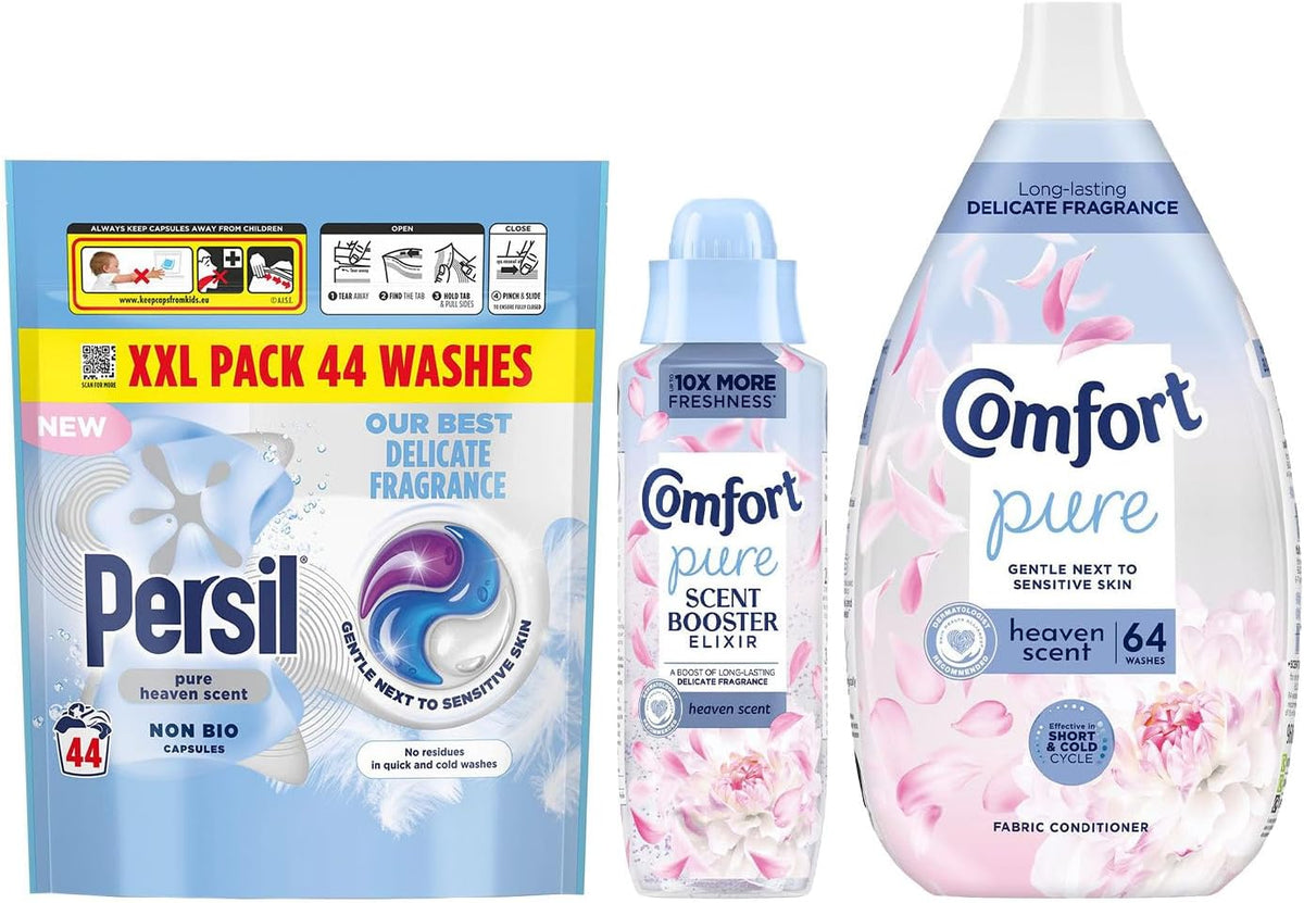 Pure Heaven Scent Complete Laundry Trio – Fabric Conditioner (64 Wash), Scent Booster Elixir (460ml), Persil Capsules(44Wash), Long-Lasting Fragrance, Gentle & Fresh Laundry Care