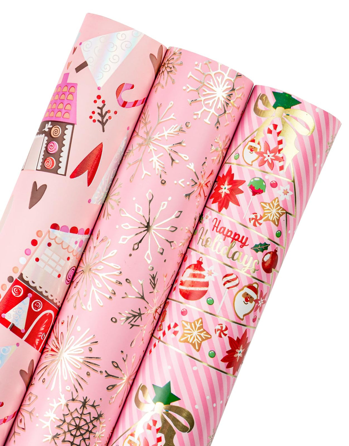 RUSPEPA Christmas Wrapping Paper Roll - Mini Roll - 3 Rolls - 43.2cm x 3m Per Roll - Bird, Christmas Garland, Holly and Pinecones Holiday Design with Metallic Foil Shine