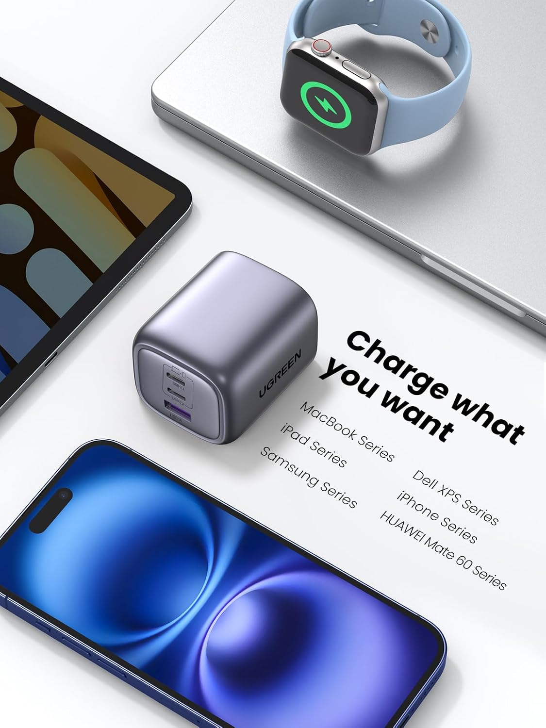 UGREEN USB C Plug 65W Nexode Foldable GaN Fast Charger 3-Port Charger