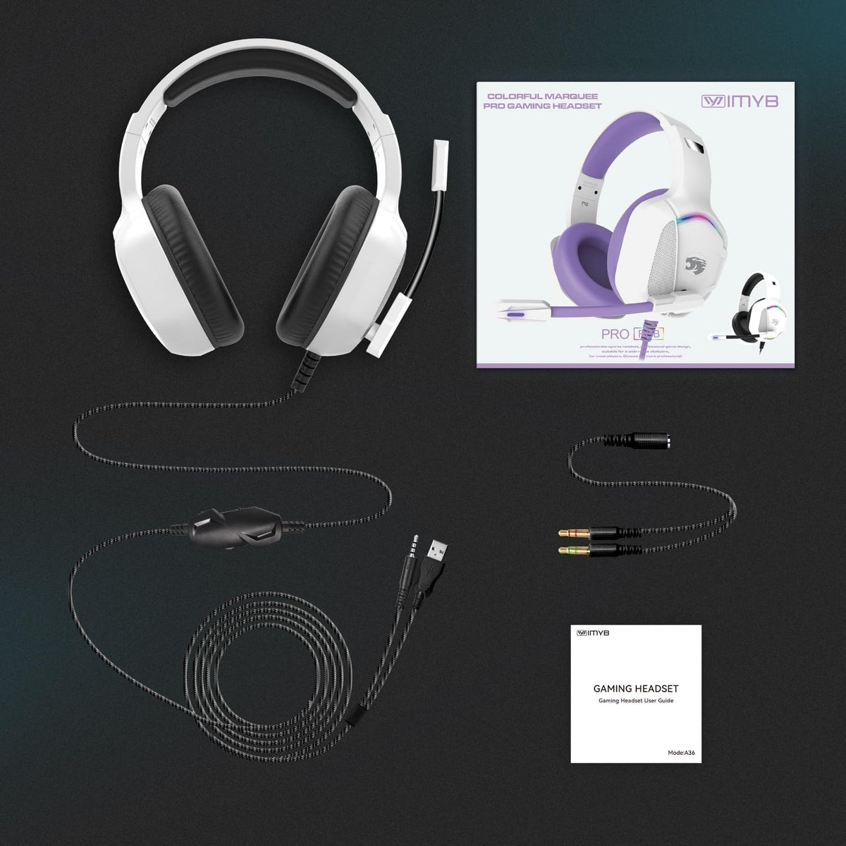 IMYB Gaming Headset with Microphone for Pc, Xbox One Series X/s, Ps4, Ps5, Stereo Wired Noise Cancelling Over-Ear Headphones with Mic, RGB, for Computer, Laptop, Mac, Gamer (White)