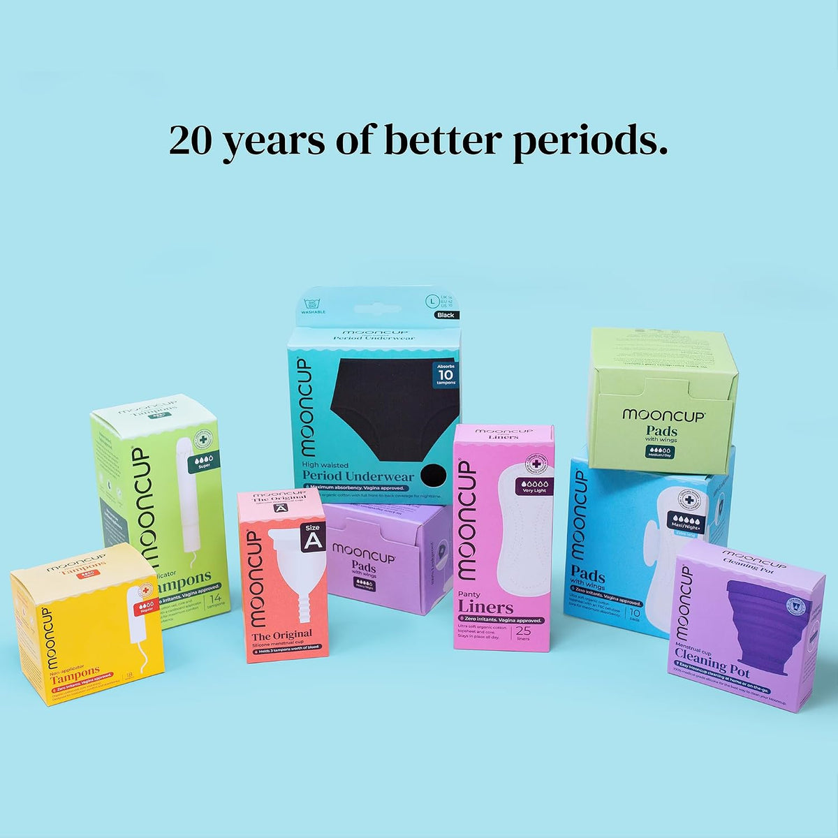 Mooncup Pads with Wings - Biodegradable Pads Made with Organic Cotton for Irritation-Free Period Care - Leakproof, Plastic-Free, Highly Absorbent Protection for Sensitive Skin - (20) Heavy/Night