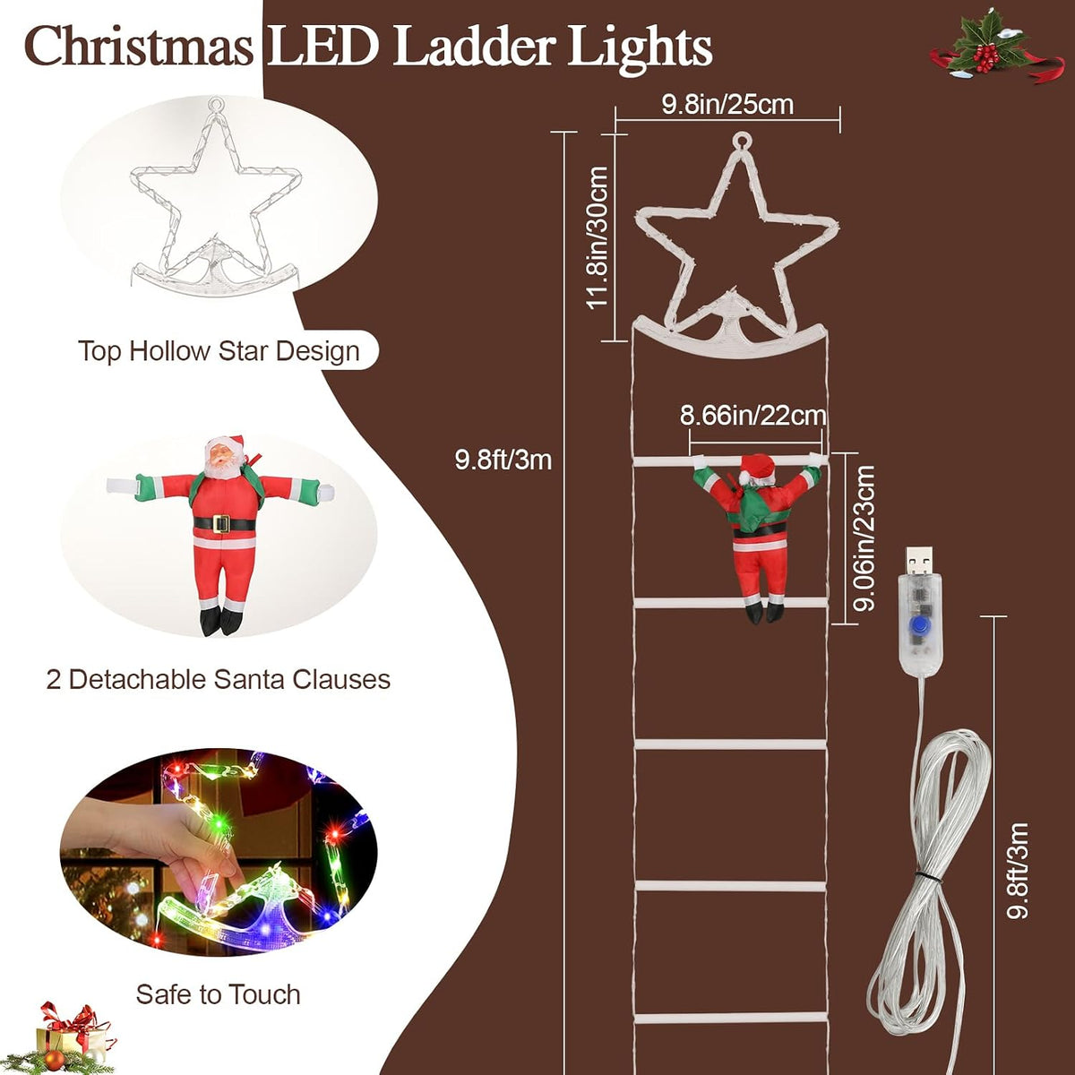 Lewondr 10ft Christmas Ladder Lights with 2 Santa Ladder Climbing, Colorful
