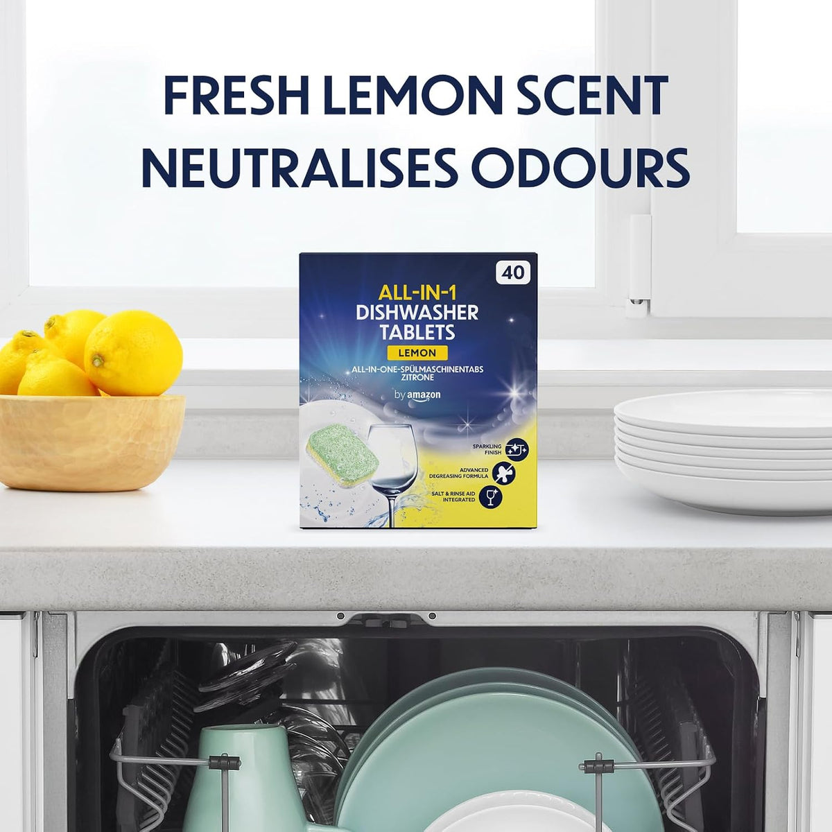 by Amazon ALL-IN-ONE Lemon Dishwasher Tablets, 40 tablets