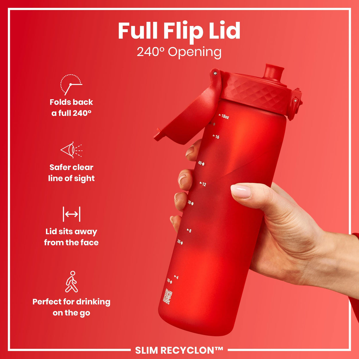 Ion8 Water Bottle, 500 ml/18 oz, Leak Proof, Easy to Open, Secure Lock, Dishwasher Safe, Hygienic Flip Cover, Carry Handle, Fits Cup Holders, Easy Clean, Hot Pink