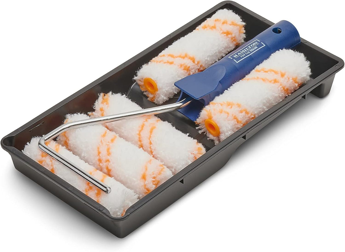 Hamilton for The Trade 7 Piece Medium Pile Paint Roller Set with Tray, 4", White/Orange/Blue
