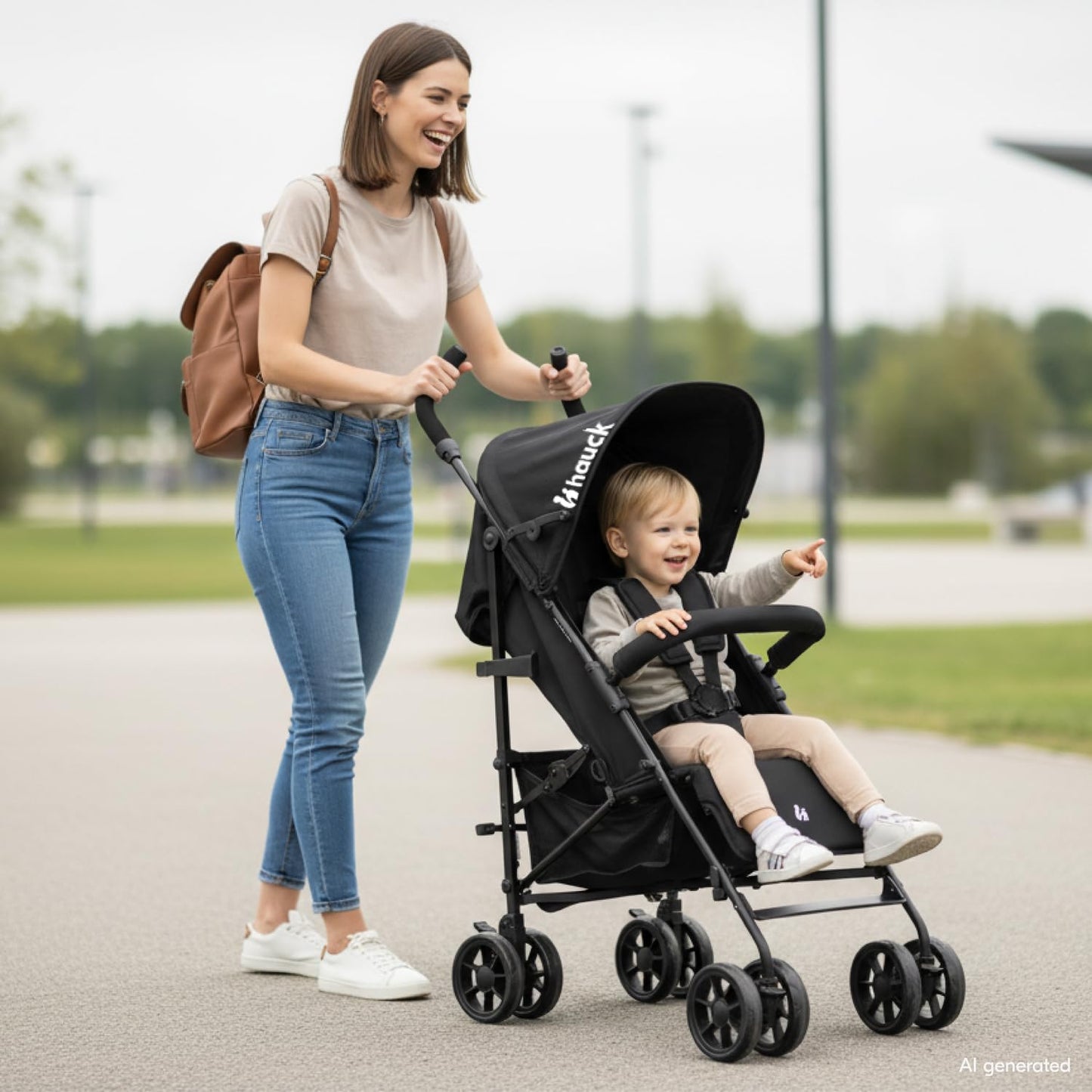 Hauck Fold N Care, Black - Lightweight Umbrella Pushchair with Raincover from 6 Months to 22 kg, Lie Flat, Compact Fold, Sun Canopy UPF 50+, EVA Wheels, Large Basket, Travel Stroller
