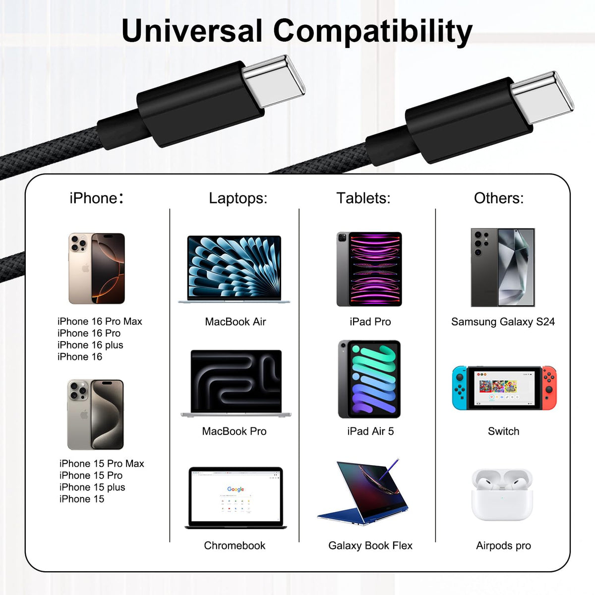 100W USB C Charger Cable 3M, iPhone 15 16 17 Charger Cable 3M Long USB C Cable Fast Charge Type C Fast Charging Lead Wire for iPhone Air/17/16 Pro Max/16e/15 Plus,iPad Pro/Air,Macbook,Samsung S25 S24