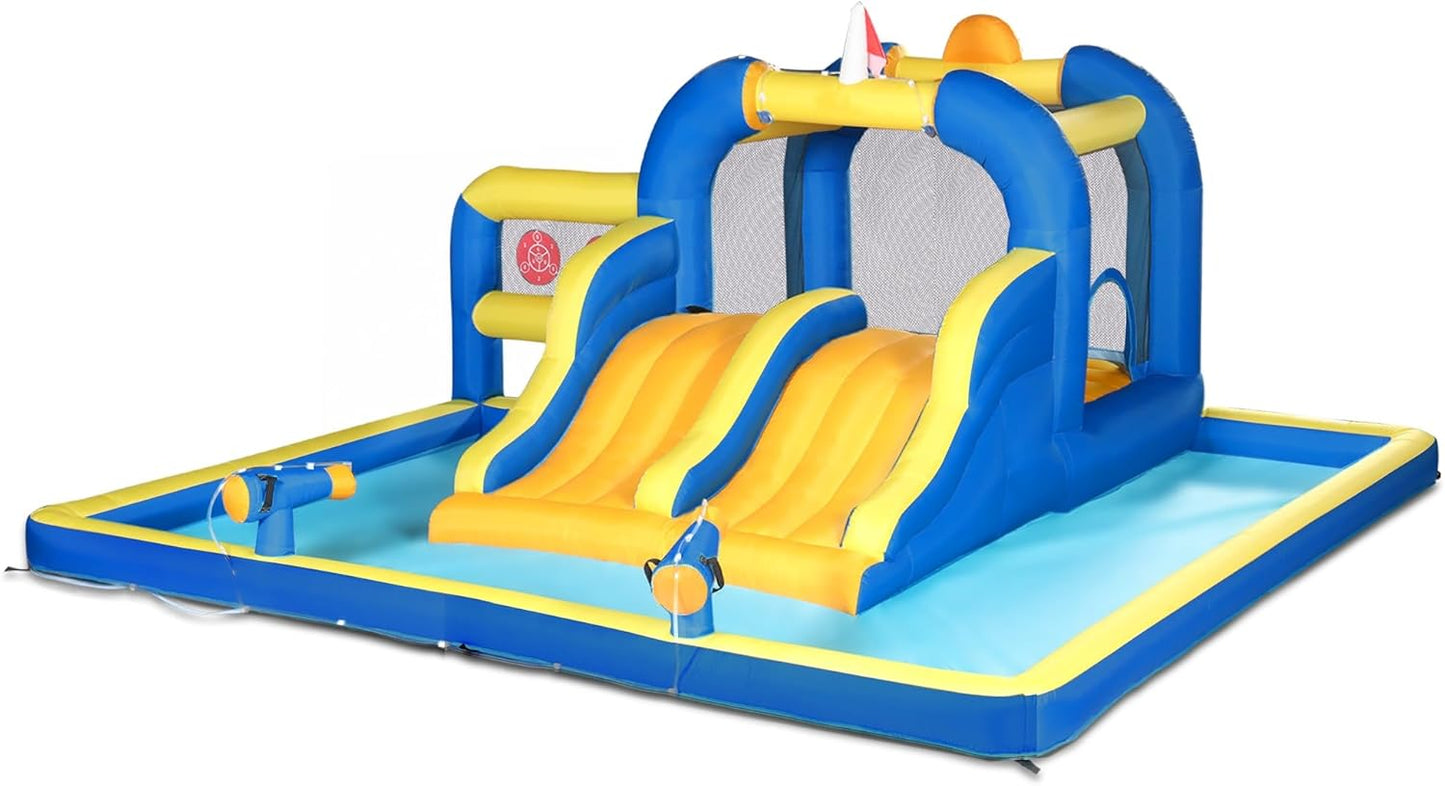Karl home Outdoor Bouncy Castle with 450W Air Blower, Bounce House with Double Water Slide, Jumping Area, Splash Pool & Basketball Rim (470x472x225cm)