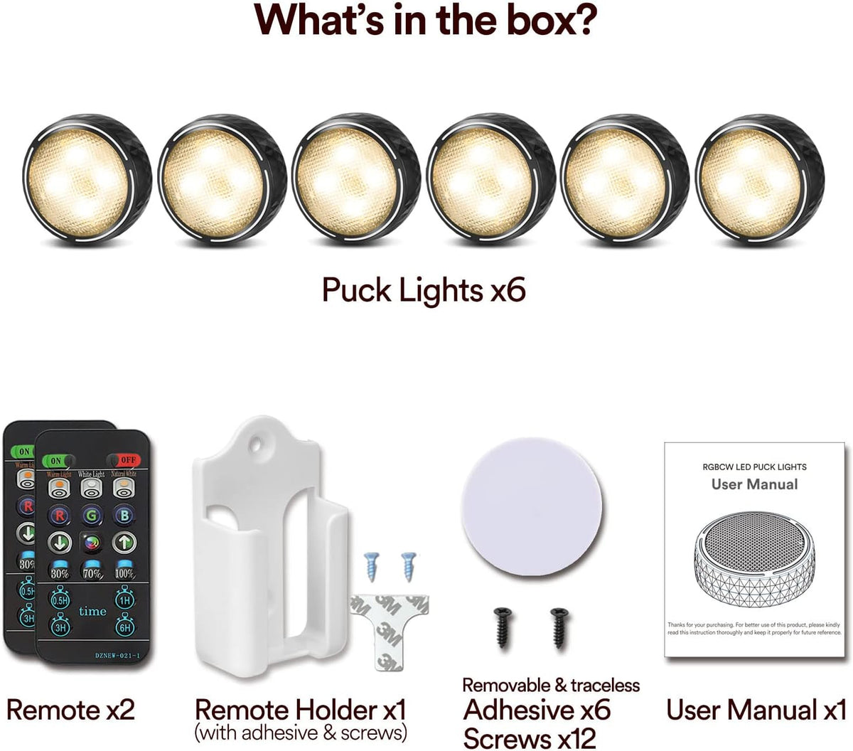 Onumii Under Cupboard Kitchen Lights Battery Operated LED Under Cabinet Lighting, Stick on Wardrobe Lights Under Counter with Remote Control, RGB Puck Light, 6 Pack - Black
