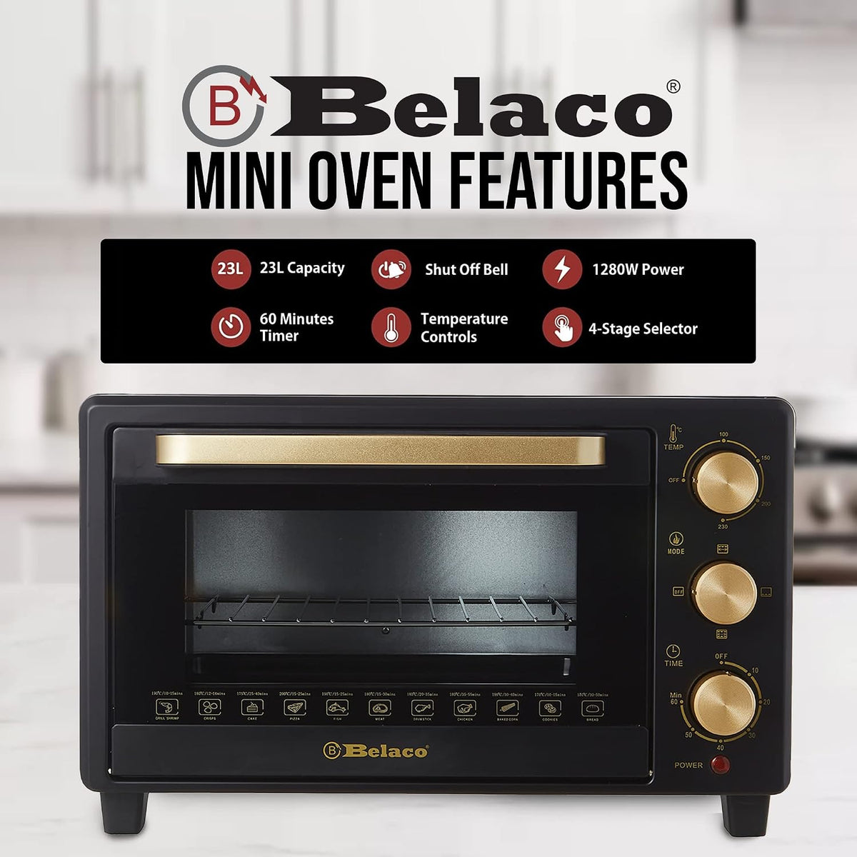 Belaco 23L Toaster Oven Tabletop Cooking Baking Portable Oven Rotiseerie1380w 60 min Timer with auto shut off 100-250° Stainless Steel Heating Tube incl. Baking Tray, Wire Rack, Handle, Rotisserie…
