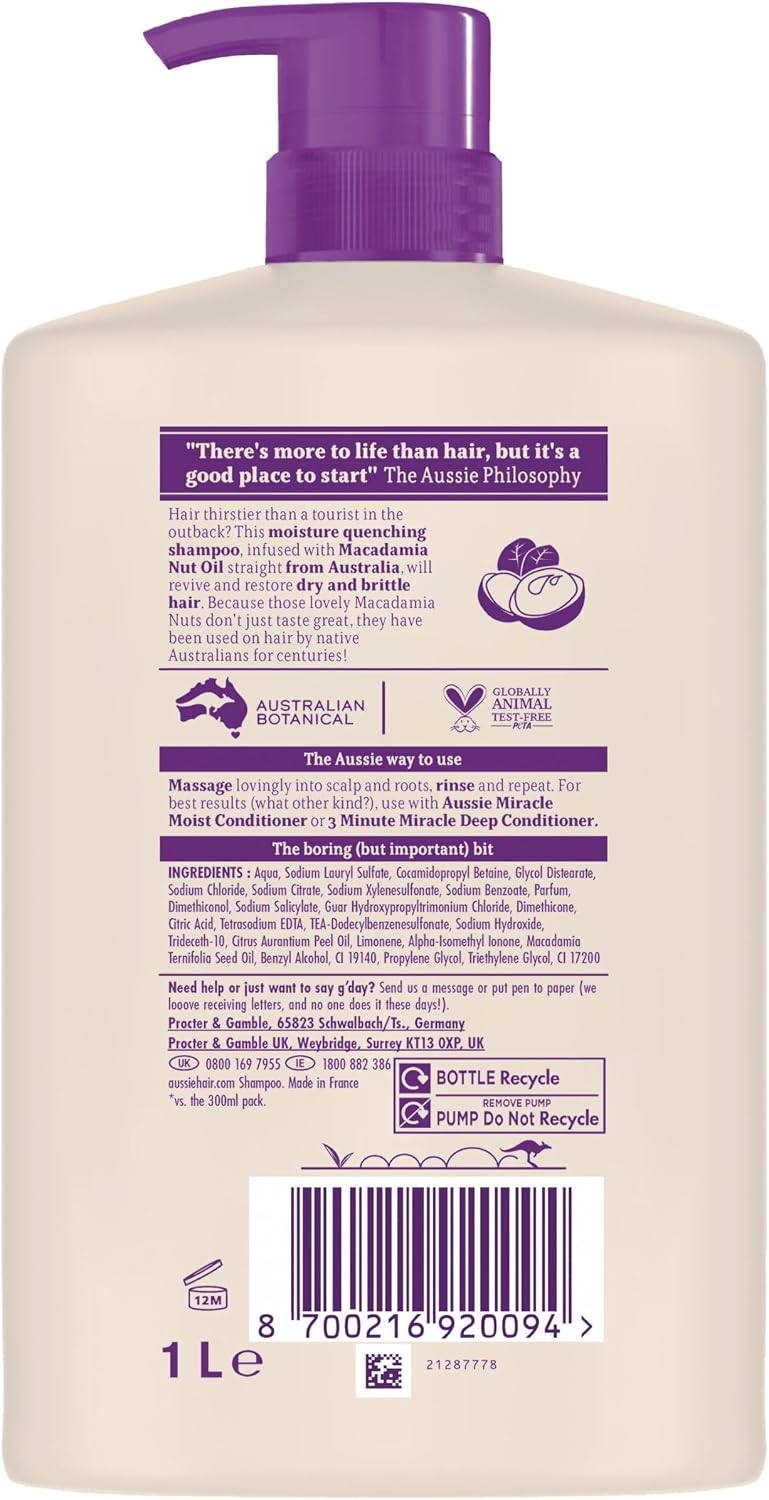Aussie Miracle Moist Shampoo 1L Pump to Restore Brittle & Dry Hair