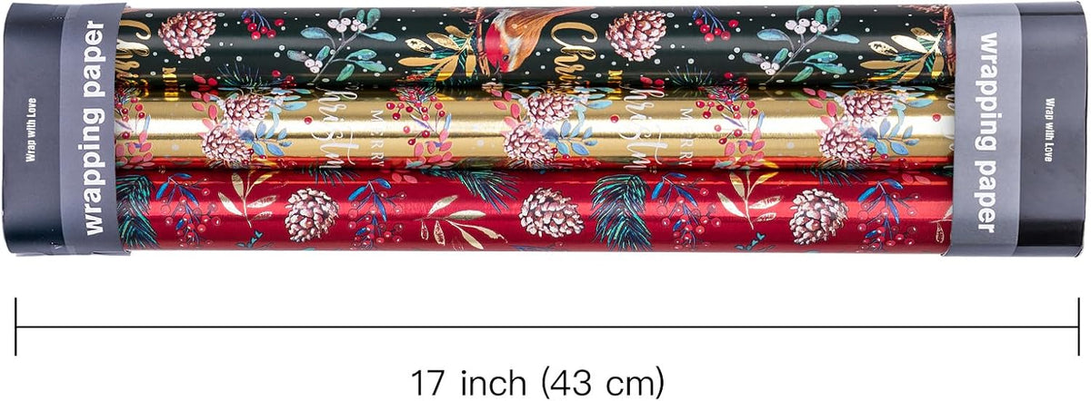RUSPEPA Christmas Wrapping Paper Roll - Mini Roll - 3 Rolls - 43.2cm x 3m Per Roll - Bird, Christmas Garland, Holly and Pinecones Holiday Design with Metallic Foil Shine