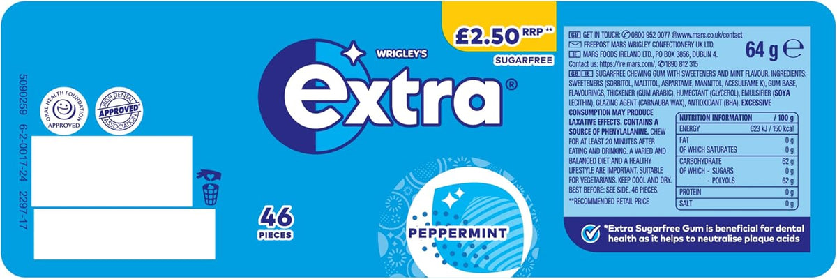 Wrigley's Extra Peppermint Sugar Free Fresh Chewing Gum Bottle 46 Pieces