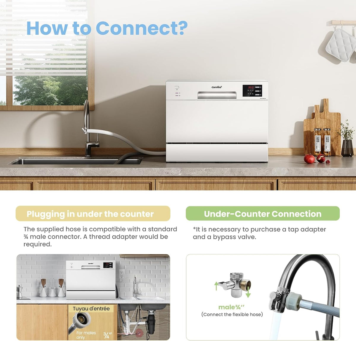 COMFEE' Table Top Dishwasher with 6 Place Settings, Mini Countertop Dishwasher for Small Families, Couples, LED display, Delay Start, 47dB Quiet Noise, White