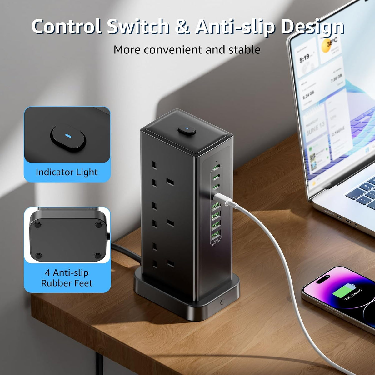 Tower Extension lead with USB Slots,6 Way Plug Extension Socket 3 Metres