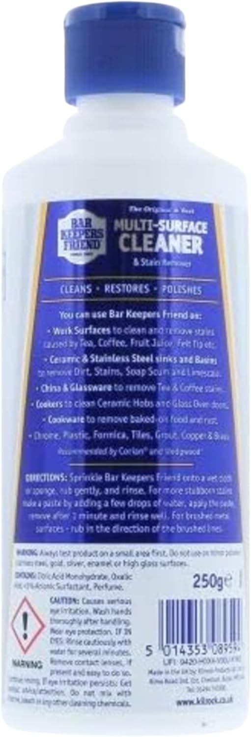 Bar Keepers Friend Original Stain Remover Powder 250g - Cleans, restores and polishes - Shifts limescale and soap scum - Suitable for a wide range of surfaces
