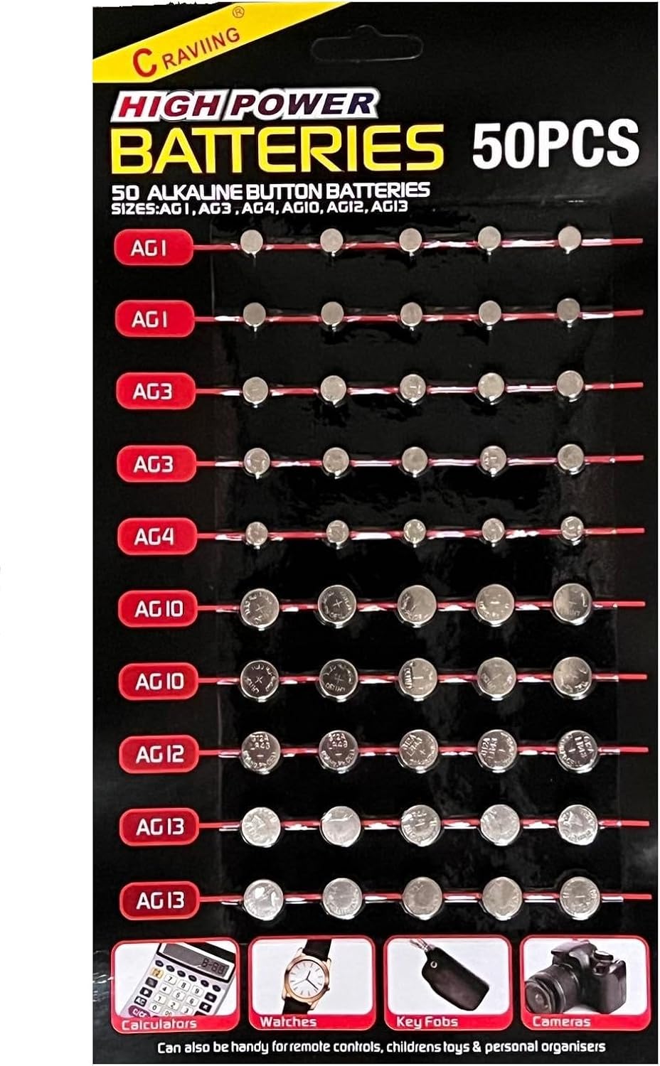 50 Pack Assorted Mixed Alkaline Button Cell Batteries AG1/LR621 | AG3/LR41 | AG4/LR66 | AG10/LR54 | AG12/LR43 | AG13/LR44 Battery for Watches, Toys, Calculators, Key Fobs