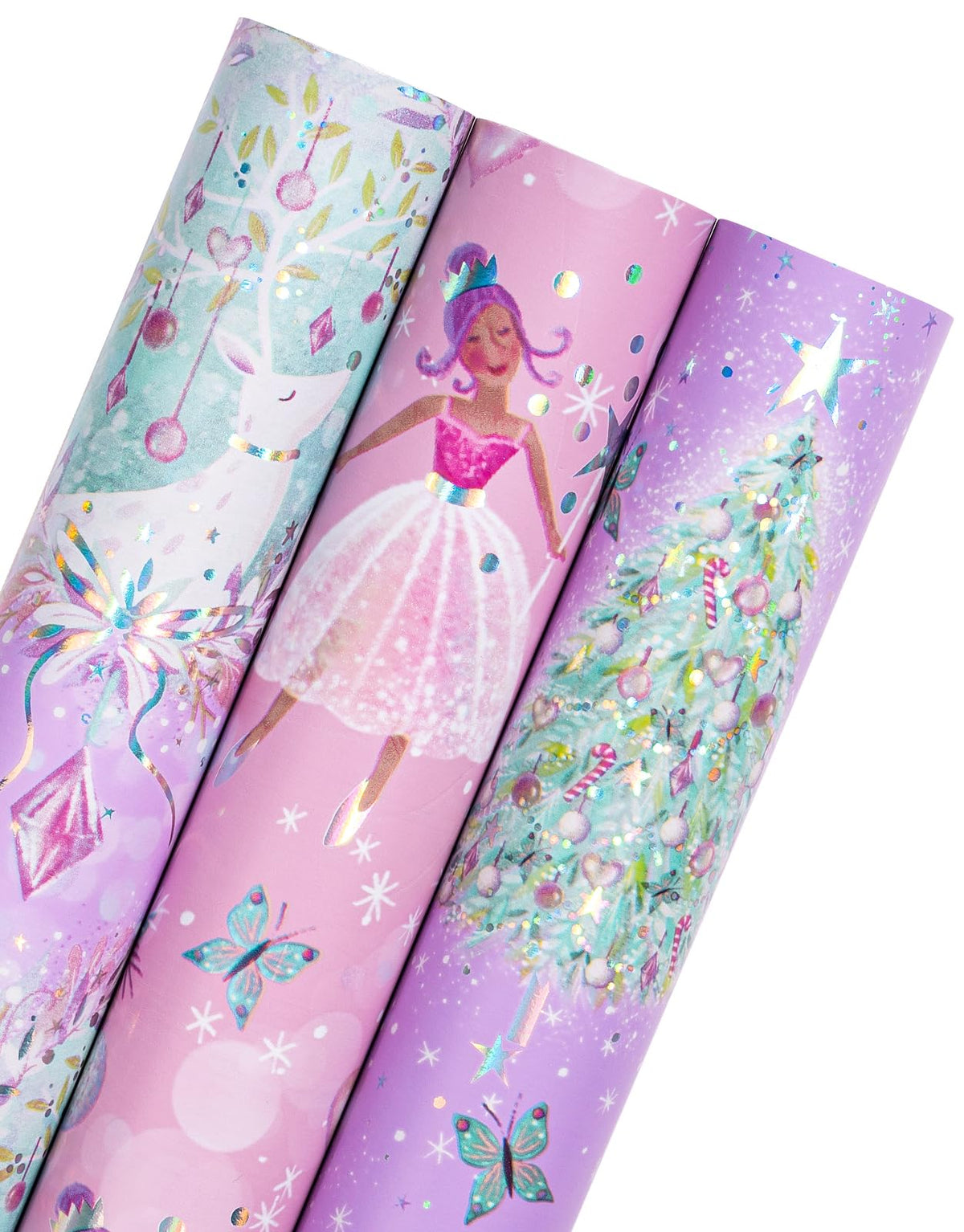 RUSPEPA Christmas Wrapping Paper Roll - Mini Roll - 3 Rolls - 43.2cm x 3m Per Roll - Bird, Christmas Garland, Holly and Pinecones Holiday Design with Metallic Foil Shine