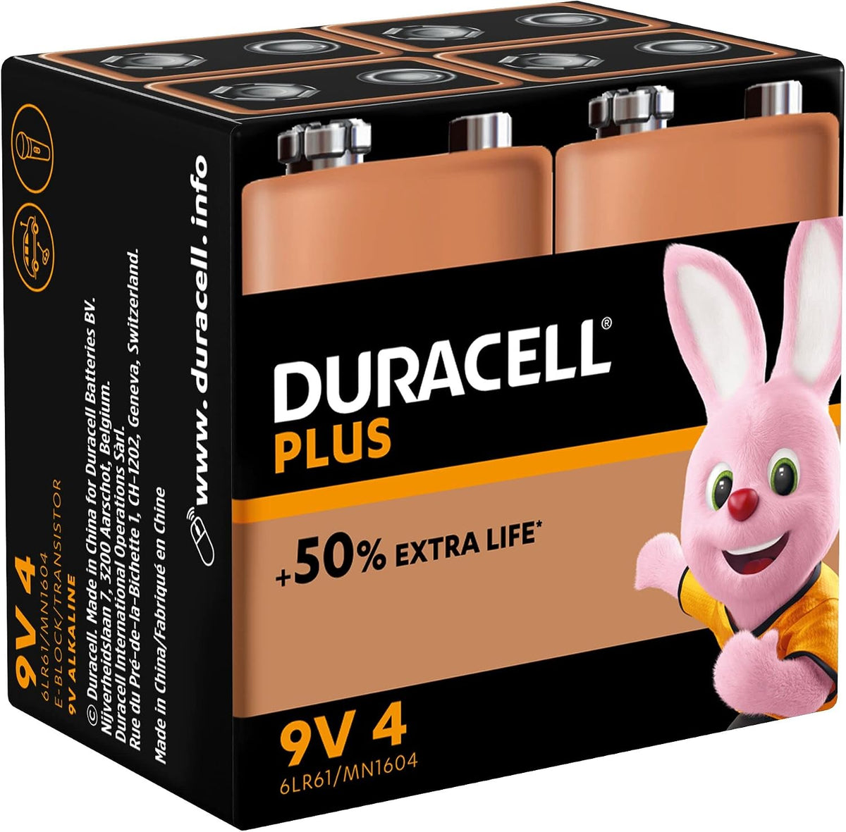 Duracell Plus 9V Batteries for smoke alarms Pack of 4