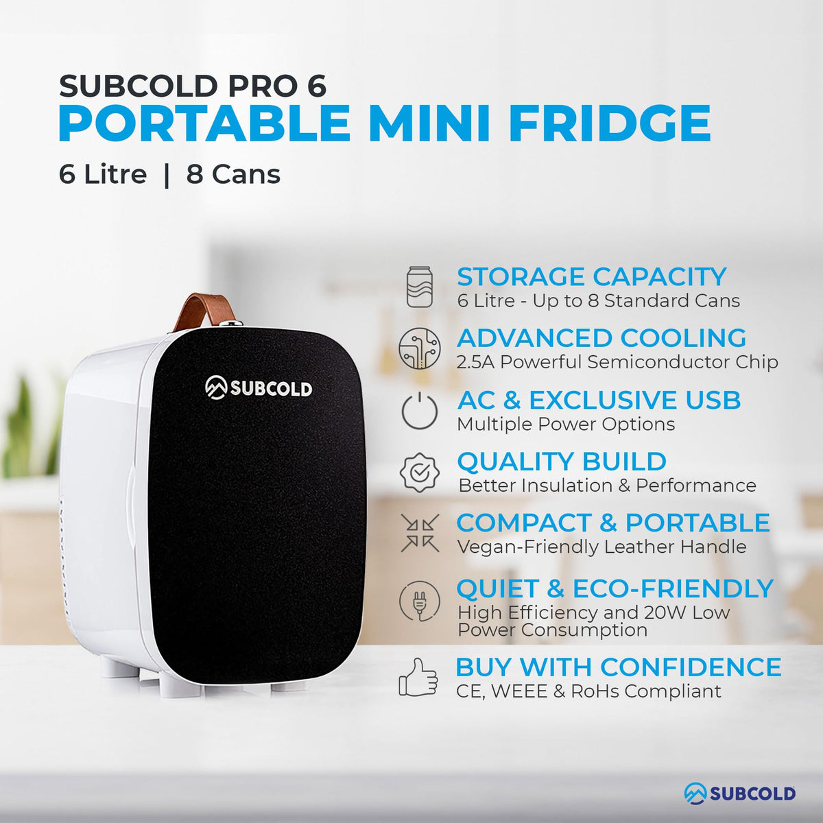 Subcold Pro4 Mini Fridge 4L, Quiet Small Fridge for Bedroom, AC & USB