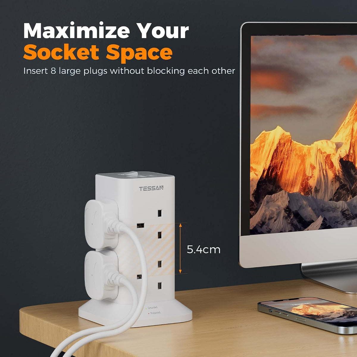 TESSAN Tower Extension Lead with USB C Slots