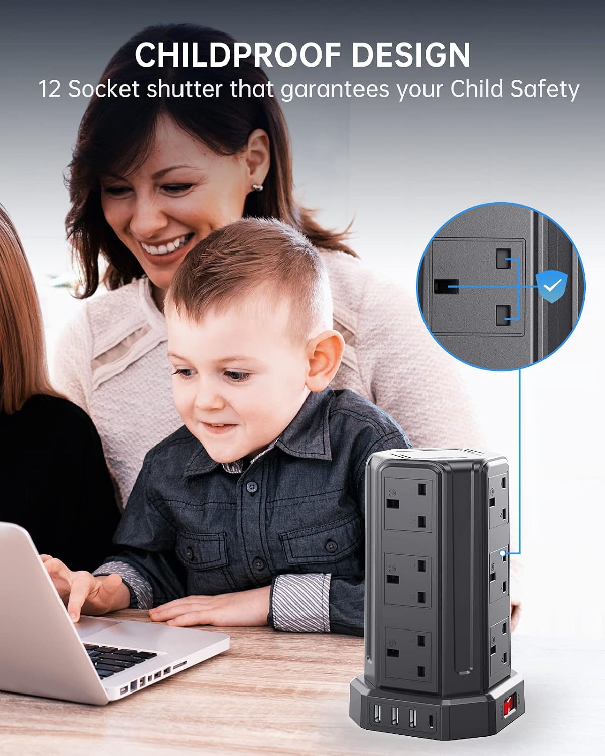 Tower Extension Lead 3M, Extension Cable with USB Ports