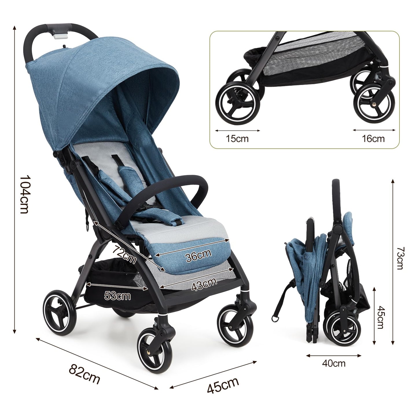 Lightweight Pushchair, Travel Stroller with 3 Recline Positions, Fully Reclining From Birth Up to 22 kg, Baby Stroller with Cup Holder & EVA Shock Absorbing Wheels, One-Click Foldable for Easy Carry-B