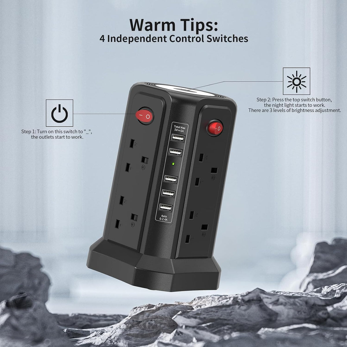 HAFINO Tower Extension Lead 3M with USB Slots and Night Light, 4 Switches