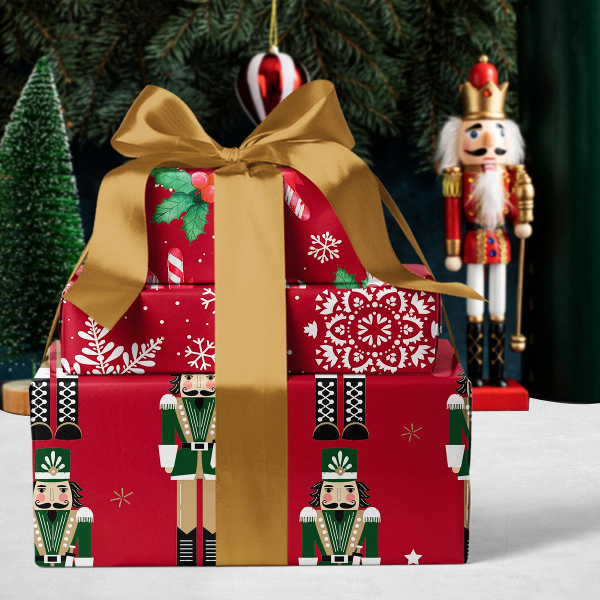 RUSPEPA Christmas Wrapping Paper Roll - Mini Roll - 3 Rolls - 43.2cm x 3m Per Roll - Bird, Christmas Garland, Holly and Pinecones Holiday Design with Metallic Foil Shine