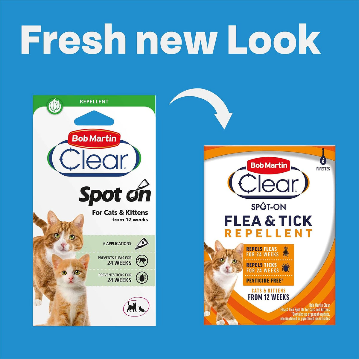 Bob Martin Clear Spot On Flea and Tick Repellent for Cats and Kittens - Pesticide-Free Protection (6 Pipettes)