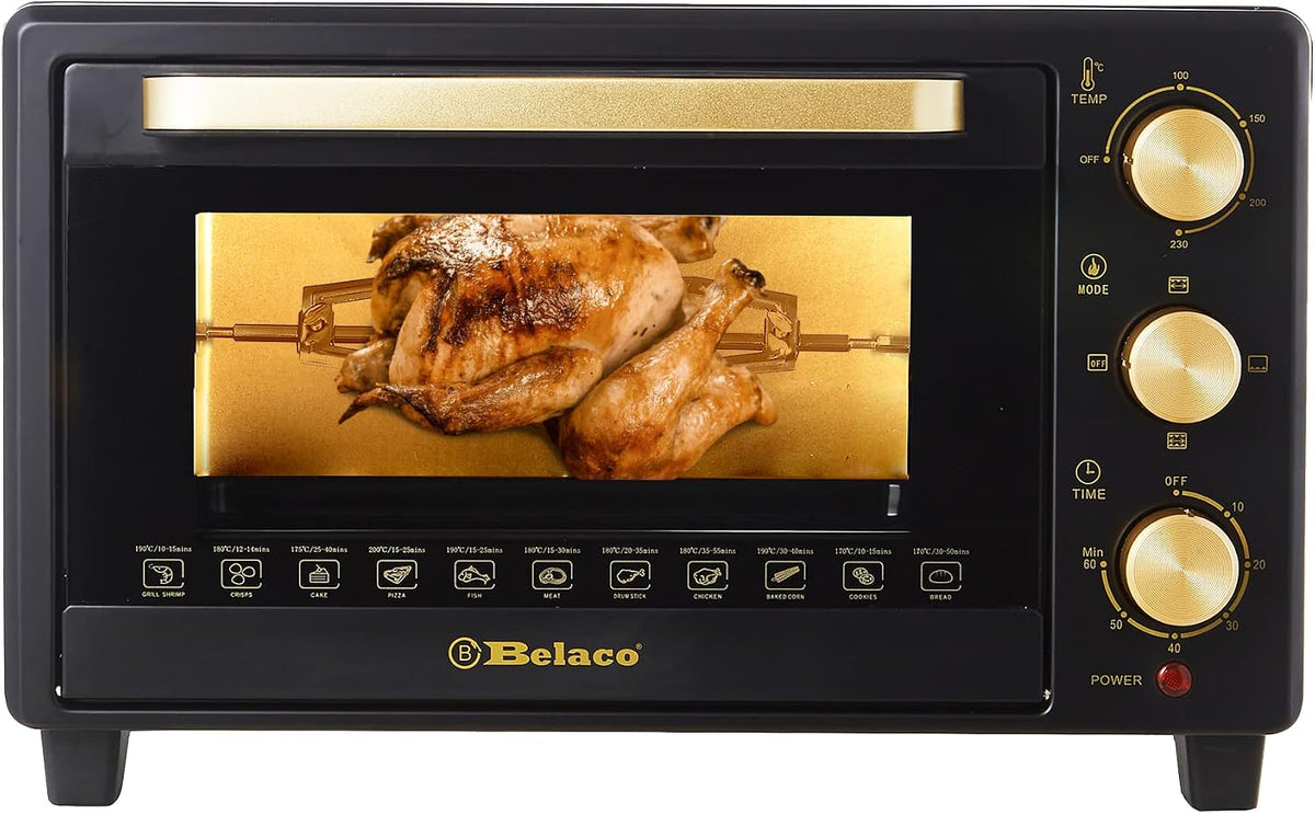 Belaco 23L Toaster Oven Tabletop Cooking Baking Portable Oven Rotiseerie1380w 60 min Timer with auto shut off 100-250° Stainless Steel Heating Tube incl. Baking Tray, Wire Rack, Handle, Rotisserie…