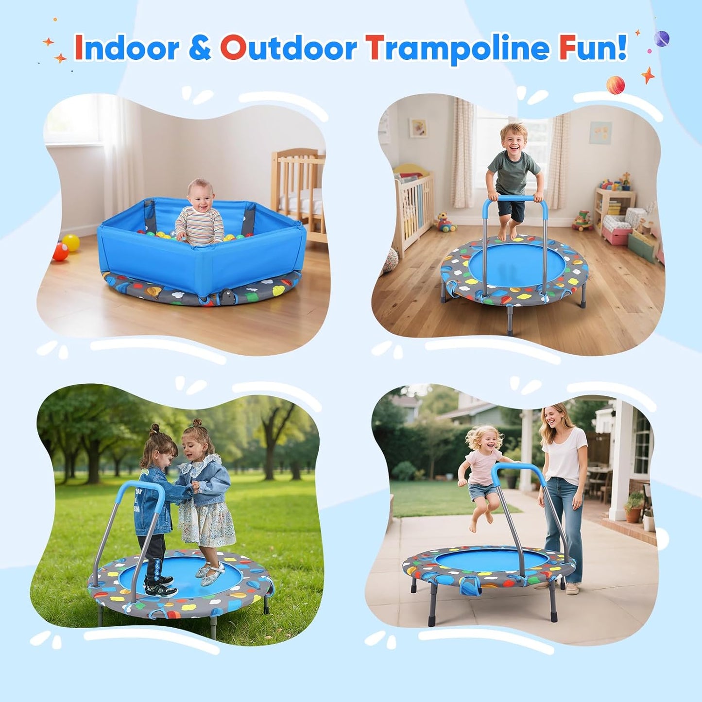 Foldable Fitness Trampoline with 100 Balls Ball Pit, Low Noise Adjustable Safety Cover and Removable Handlebar, Reinforced Oxford Fabric Quiet Exercise Rebounder for Kids Adults, Max Load 150kg