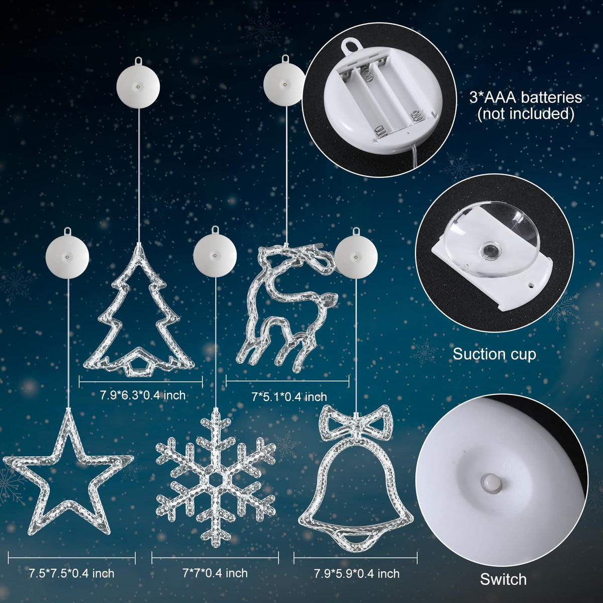 LYUBASA 5Pack Christmas Window Lights Decorations with Timer,Battery Powered Christmas Hanging White Lighted Snowflake Shaped LED Sucker for Xmas Tree Fireplace Indoor Decor