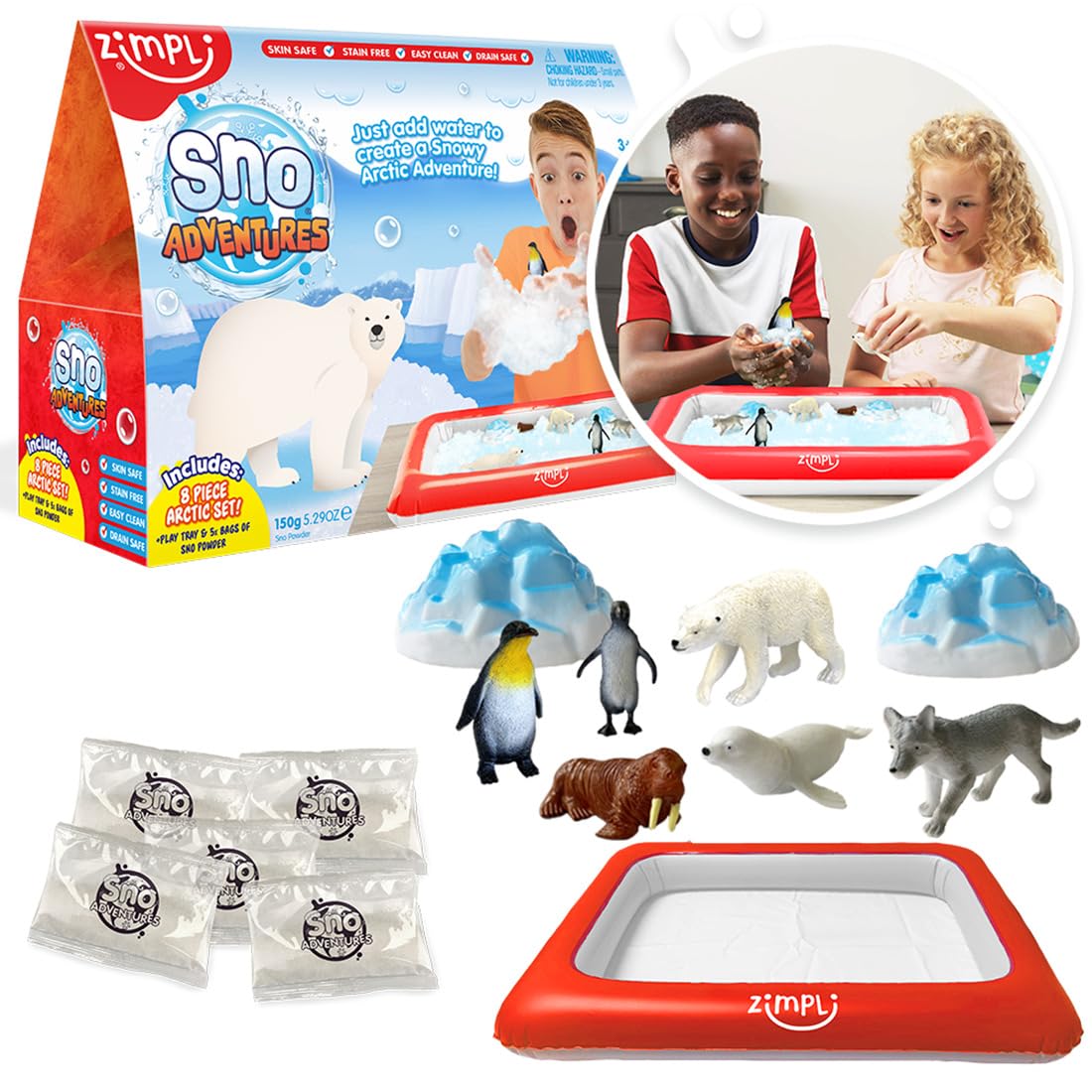ZIMPLI - Sno Adventures Arctic Pack, 5 Use, 8 x Arctic figures, Inflatable Play Tray, Imaginative Sensory Playset, Artificial Fake Snow Toy, Xmas Gift for Kids