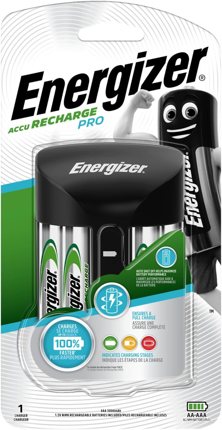 Energizer Recharge Pro Battery Charger + 4 AA Batteries Included 2000 mAh