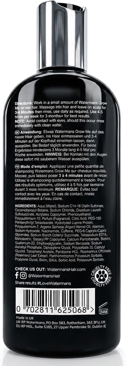 Watermans Grow Me® Hair Growth Shampoo - Not just a Caffeine Shampoo we include Biotin, Argan Oil, Rosemary, Niacinamide. Hair Thickening Treatment for Women & Men with progressed thinning.