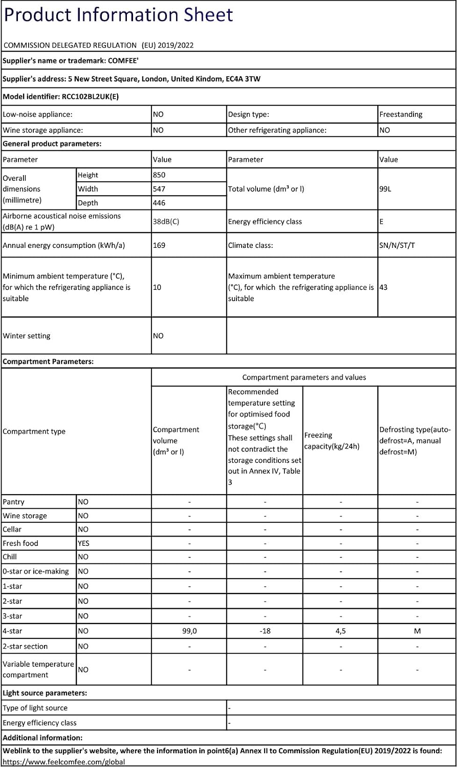 COMFEE' 99L Chest Freezer, Convertible Refrigeration Mode, RCC102BL2UK(E)