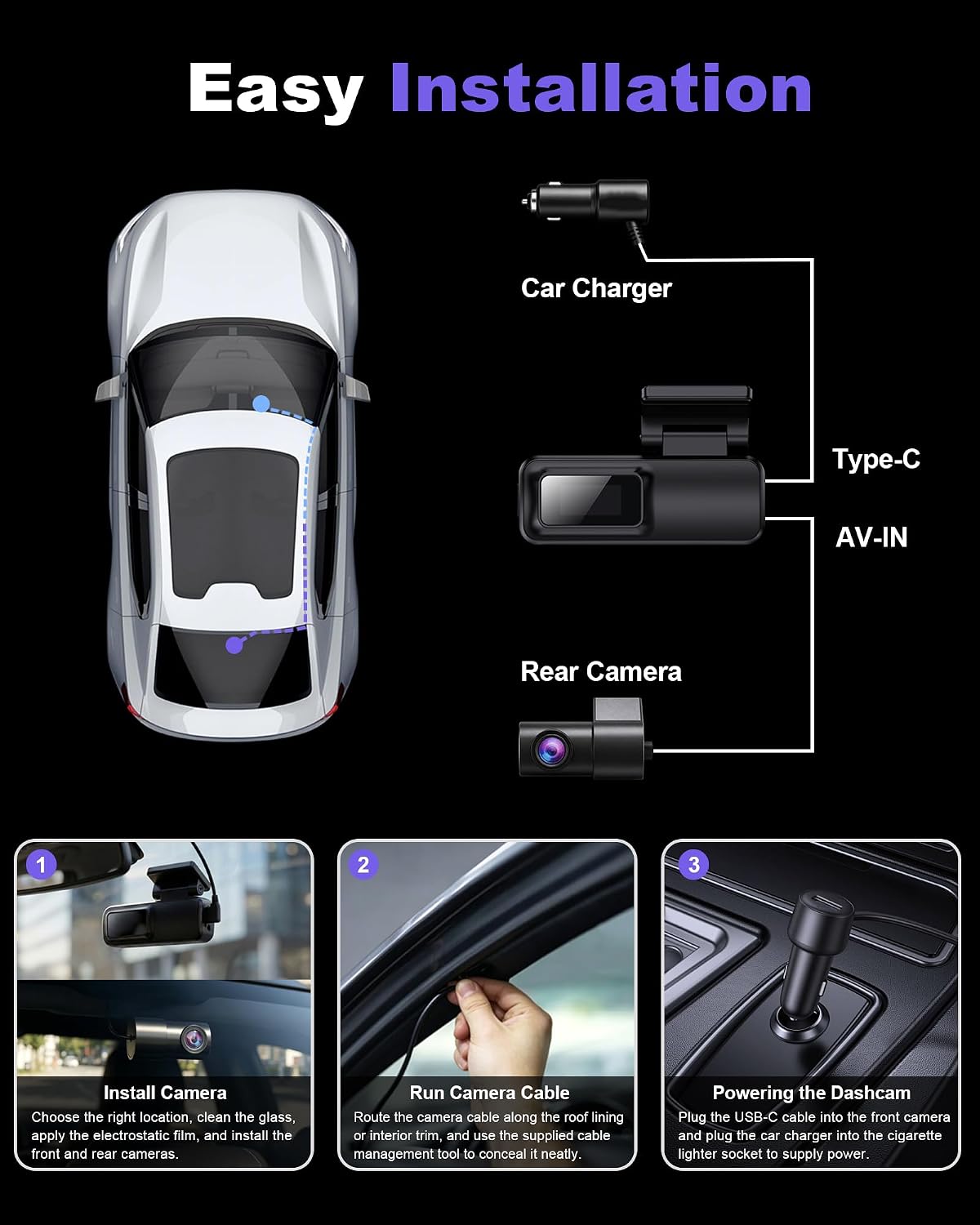 Dash Cam Front and Rear 4K 1080P, 64GB Card Included, 24H Parking Mode