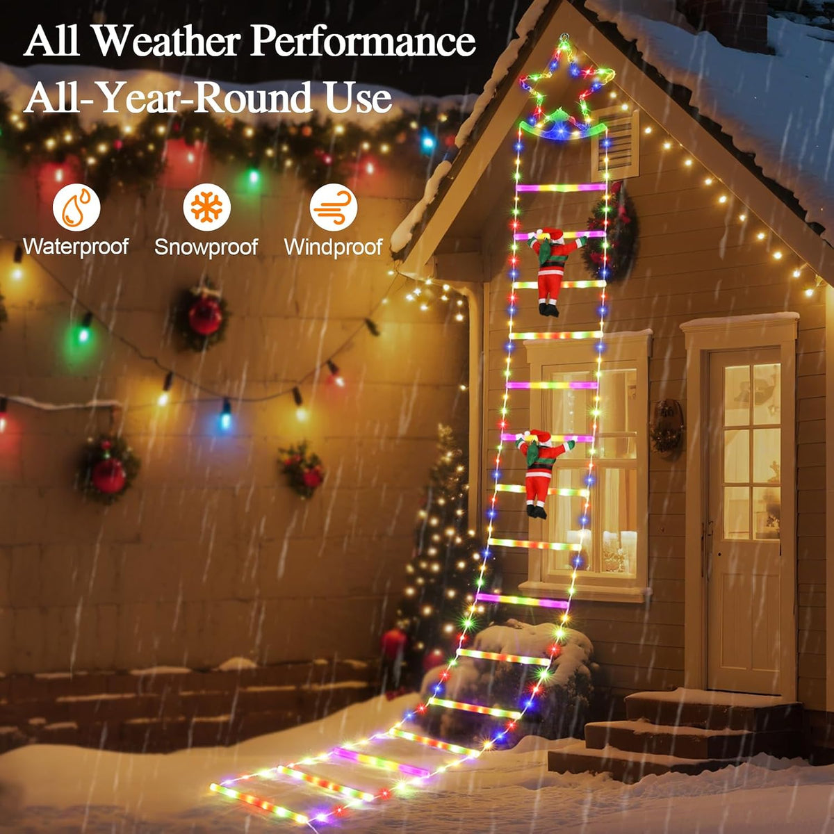 Lewondr 10ft Christmas Ladder Lights with 2 Santa Ladder Climbing, Colorful