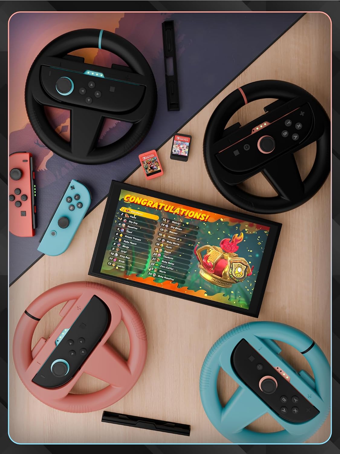 Orzly Racing Steering Wheels – Compatible with Switch 2 (2025 Console) – Party Pack of 4 Joy-Con Controller Attachments for Racing Games (2 Black, 1 Blue, 1 Red)