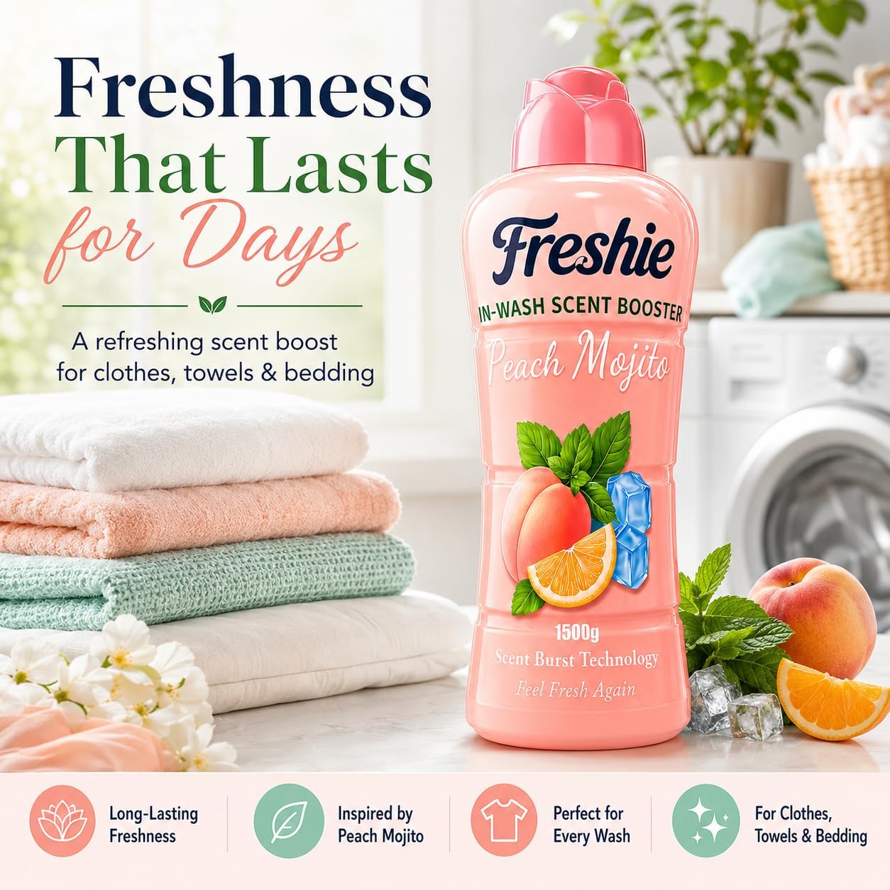 Freshie Scent Booster Laundry Beads 1500g, Peach Mojito Scent, In-Wash Scent Booster for Freshness Long-Lasting Fragrance, Up to 100 Washes, Granules