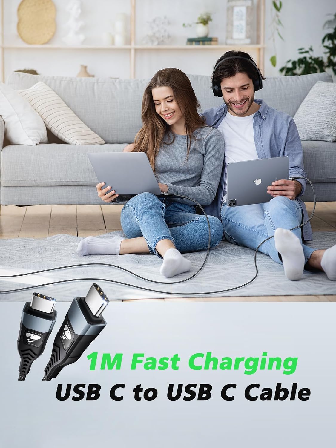 USB-C to C 1M 100W PD3.0 Fast Charging Cable - Compatible with MacBook Pro, iPad Air, iPhone 15, Samsung S23/S22/S21 Ultra, Pixel 7/6, Switch, PS5