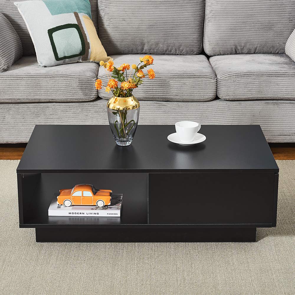 Panana Wooden Coffee Table with Storage Drawer and Shelf Wood Sofa Side End Table with LED Lighting Home Office Living Room Furniture (White)