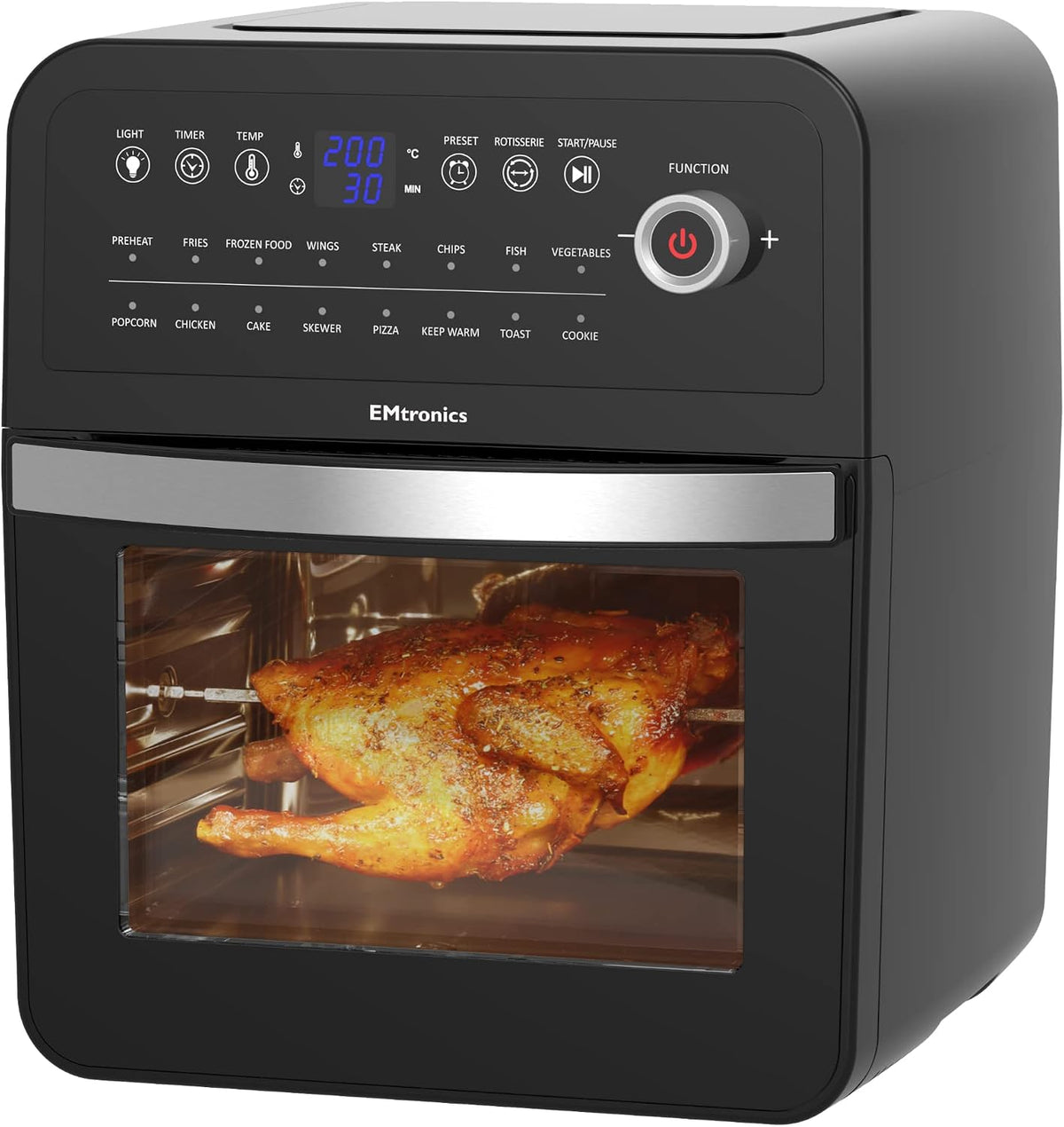 EMtronics Retro Air Fryer Oven Combi, Rotisserie and Grill, Large Family Size 12L with 16 Pre-Set Menus for Oil Free Cooking – Black